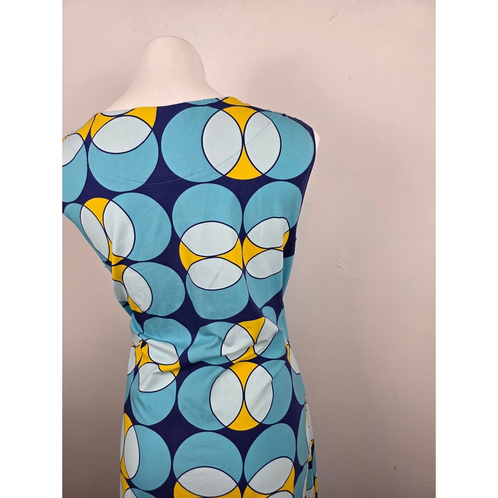 Lesley Evers Blue Yellow Geometric Circle Faux Wrap Ruched Sleeveless Dress 1X - Picture 6 of 8